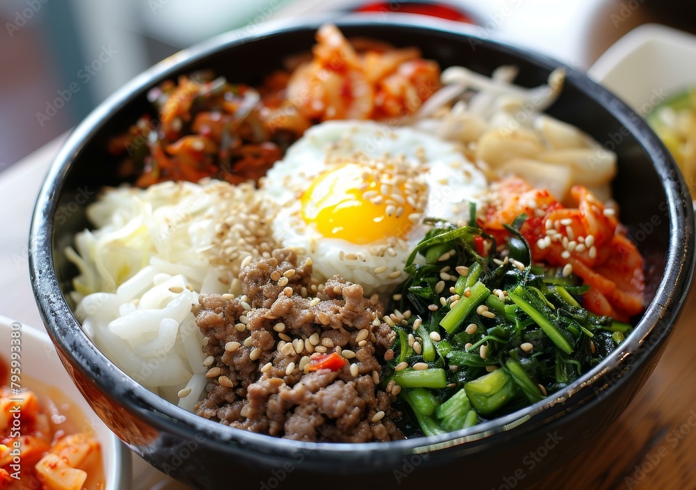 Colorful Korean Bibimbap with Toppings and Fried Egg