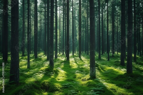 b'Sunlight shining through the trees in a dense green forest'