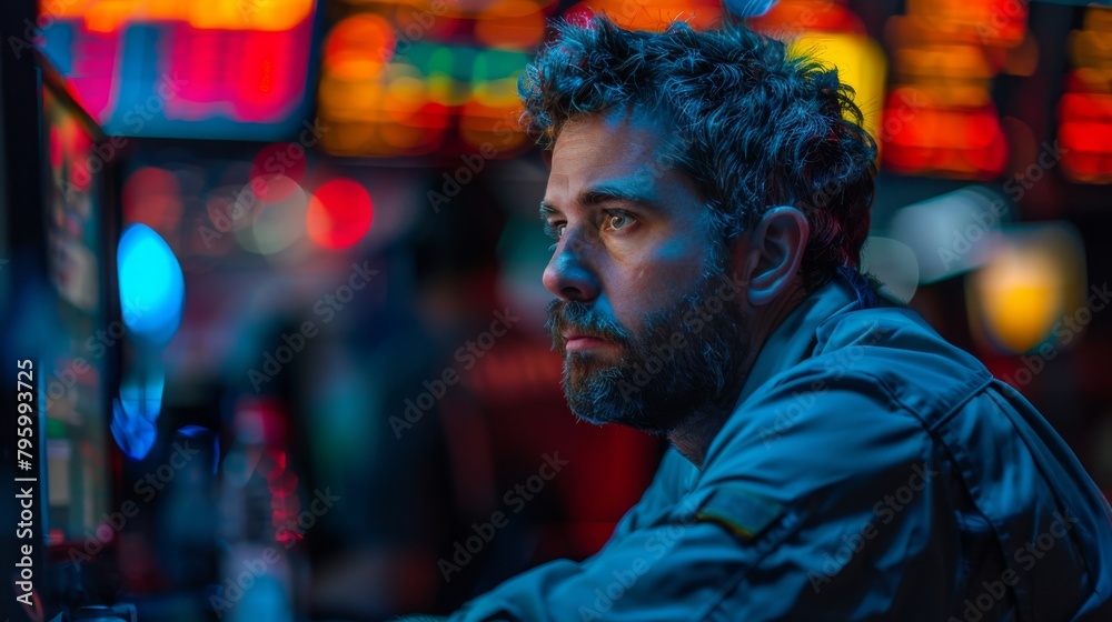 A thoughtful bearded man is lost in contemplation, surrounded by vibrant neon lights in an urban night setting.