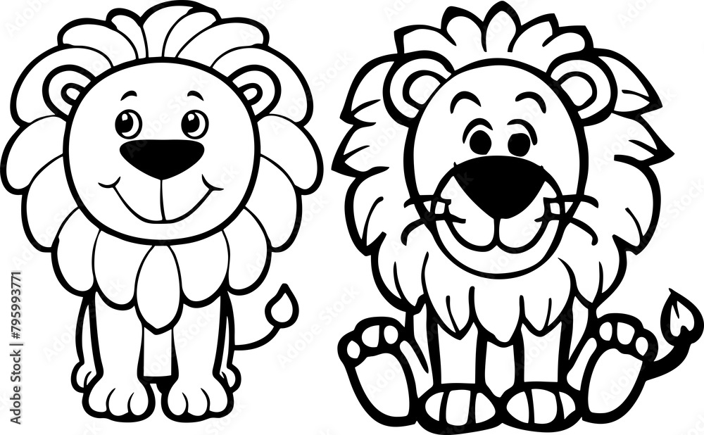 lion icon happy cute cartoon black and white