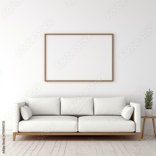 b'White sofa with plant and frame on white wall'