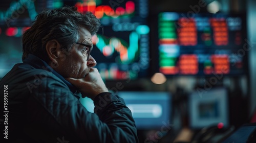 A contemplative mature businessman analyzing fluctuating stock market data on multiple screens at night.