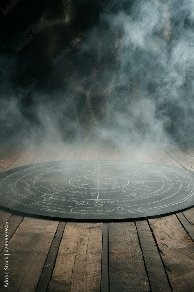 b'chalk circle on wooden floor with smoke background'