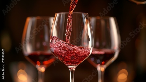 b'Red wine being poured into a glass with two glasses in the background'
