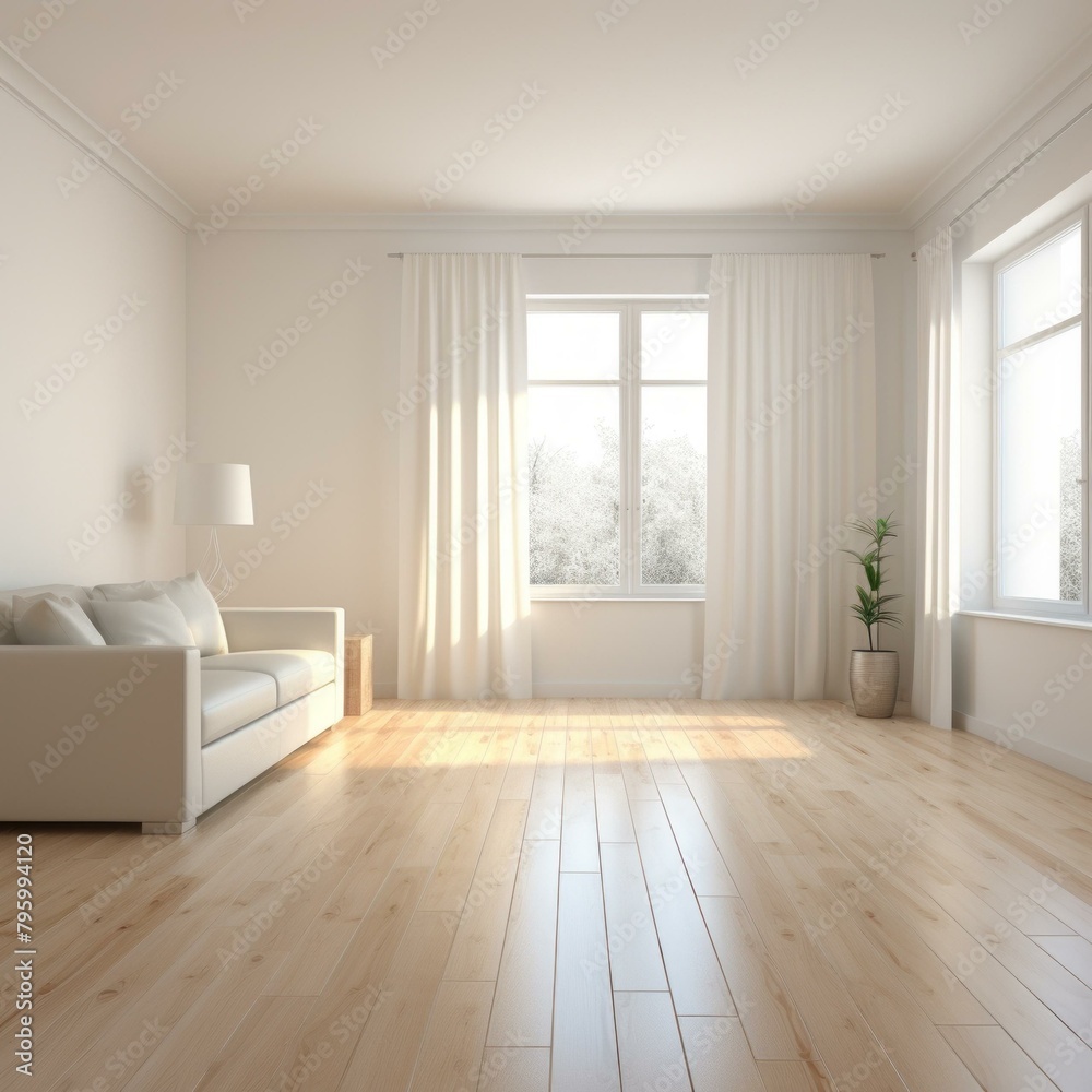 Obraz premium b'Bright empty room with white sofa and plant near window'