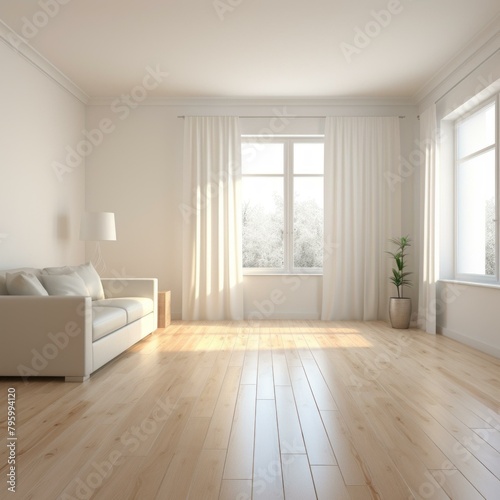 b Bright empty room with white sofa and plant near window 