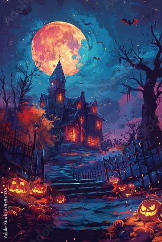 b'Haunted house with pumpkins and a full moon'