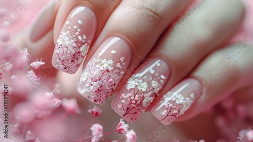 b A woman s hand with a flower design on her nails. 