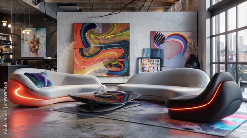 Sculpture-like sofa with fluid lines and neon accents, set against abstract paintings in a modern art studio, high ceilings