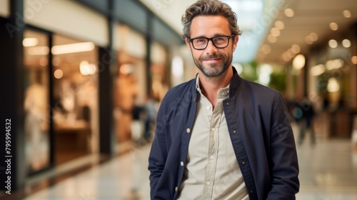 b'Portrait of a smiling man with glasses in a shopping mall'