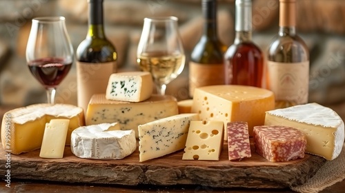 b'An assortment of cheese and wine' photo