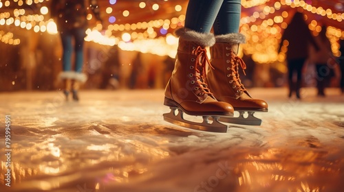 b'ice skating at christmas market with blurred lights in background' photo