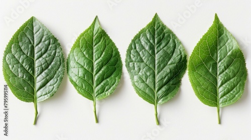 b'Four green leaves arranged in a row on a white background' photo