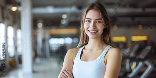 Young adult beauty woman in gym. Standing confident with smile. Wellness concept