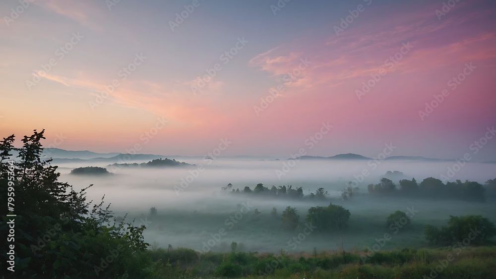 misty morning on the meadow with lonely tree and pink flowers