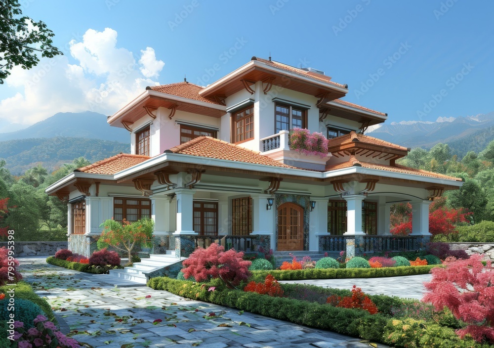 b'A beautiful house with a red roof and white walls'