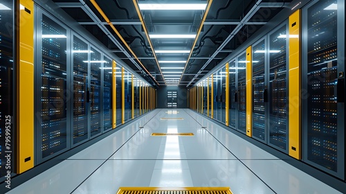 Rows of server racks, cooling systems, and redundant power supplies constitute a state of the art data center.