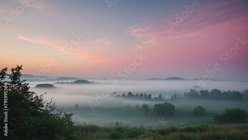 misty morning on the meadow with lonely tree and pink flowers