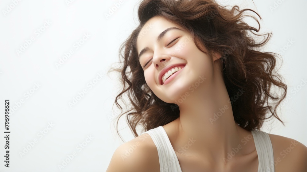 b'Portrait of a beautiful young woman with long brown hair smiling with her eyes closed' b'Portrait of a beautiful young woman with long brown hair smiling with her eyes closed'