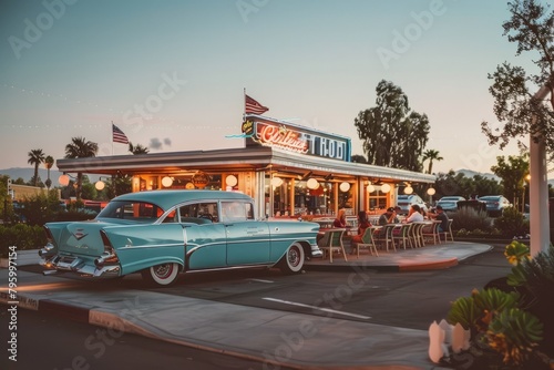 A retro-style diner with a classic car parked in front, surrounded by a vintage-inspired parking lot, Generative AI