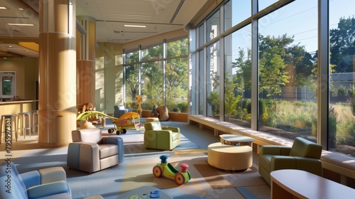A cozy pediatric waiting room filled with soft furniture and a play area for children. Large windows offer a view of a serene garden.