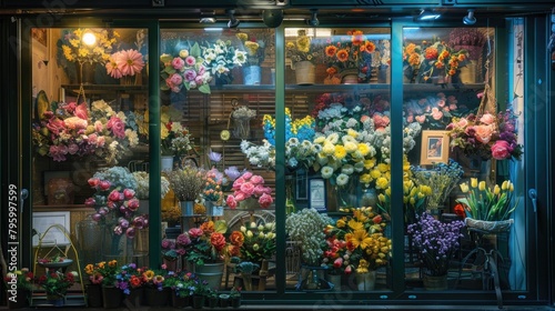 variety of colorful fresh flowers on a flower shop window