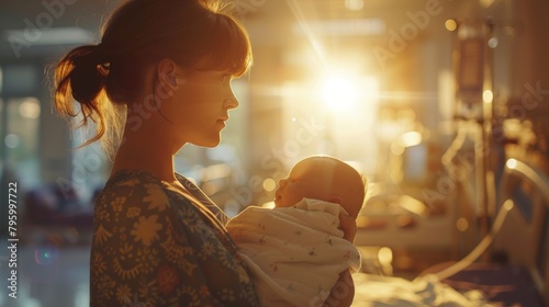 A mother holding her newborn baby in a brightly lit hospital room. Capture the joy and wonder of new life. photo