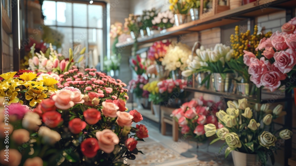 Shelves with flowers in a flower shop. Flower shop concept.