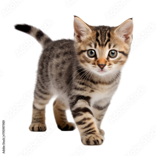 striped kitten walks in front of a white background