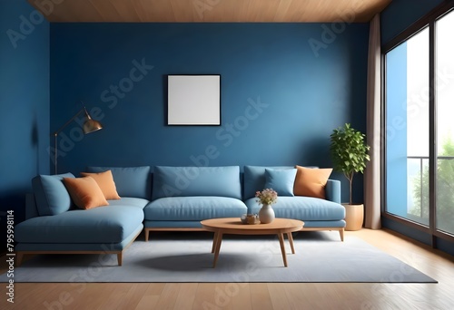 3D rendering of couch or sofa in living room in front of blue wall with copy space and modern or minimalistic interior and white floor 