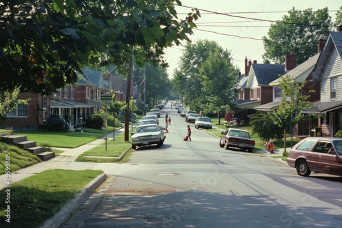 A suburban cul-de-sac with children playing in the street and parked cars lining the curbs, Generative AI