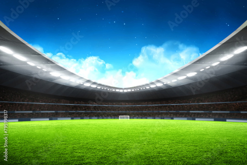 Empty nobody soccer stadium field with blue sky, soccer background © fotokitas