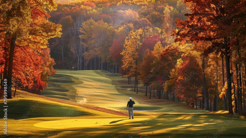 A scenic golf course with colorful fall foliage lining the fairways and a golfer lining up a putt on a green bathed in sunlight A scenic golf course with colorful fall foliage lining the fairways and a golfer lining up a putt on a green bathed in sunlight
