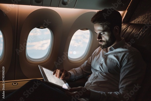businessman is using tablet and sitting in plane. traveling businessman concept