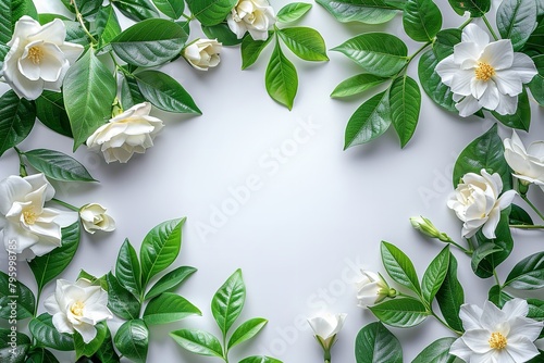 Top view of white gardenia on plain white backdrop decorated like a frame and a big space for text or product advertisement background, Generative AI. photo