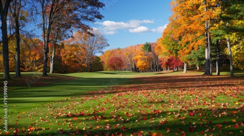 A vibrant autumn scene of a golf course with colorful leaves scattered across the fairway and lining the trees.