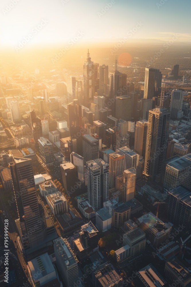 Stunning Aerial View of a City Skyline at Golden Hour, With Skyscrapers Bathed in Warm Sunlight And Long Shadows Stretching Across The Streets Below, Generative AI