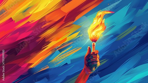 Depicting atrwork of a hand holding an Olympic flame over a vivid, abstract backdrop with smeared hues and space, Generative AI.