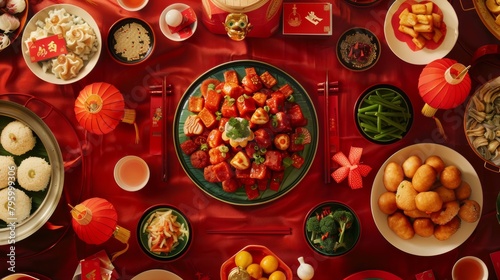 A vibrant table setting filled with traditional Chinese New Year dishes