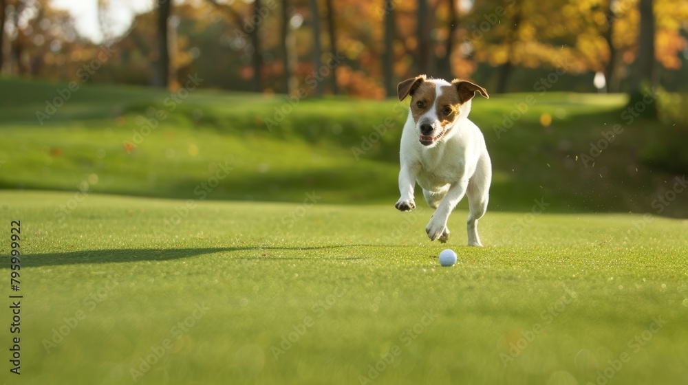 A playful dog chasing a golf ball rolling across the green, adding a touch of humor to the golfing experience