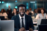 A man in a suit and tie is smiling and wearing a headset. call center .ai generative