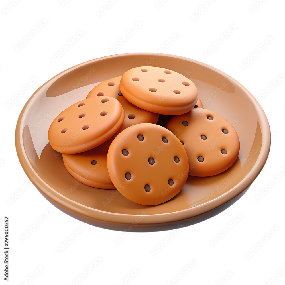Obraz premium 3d chocolate chip cookies on a plate, perfect for bakery, dessert menu visuals, and sweet treat design projects