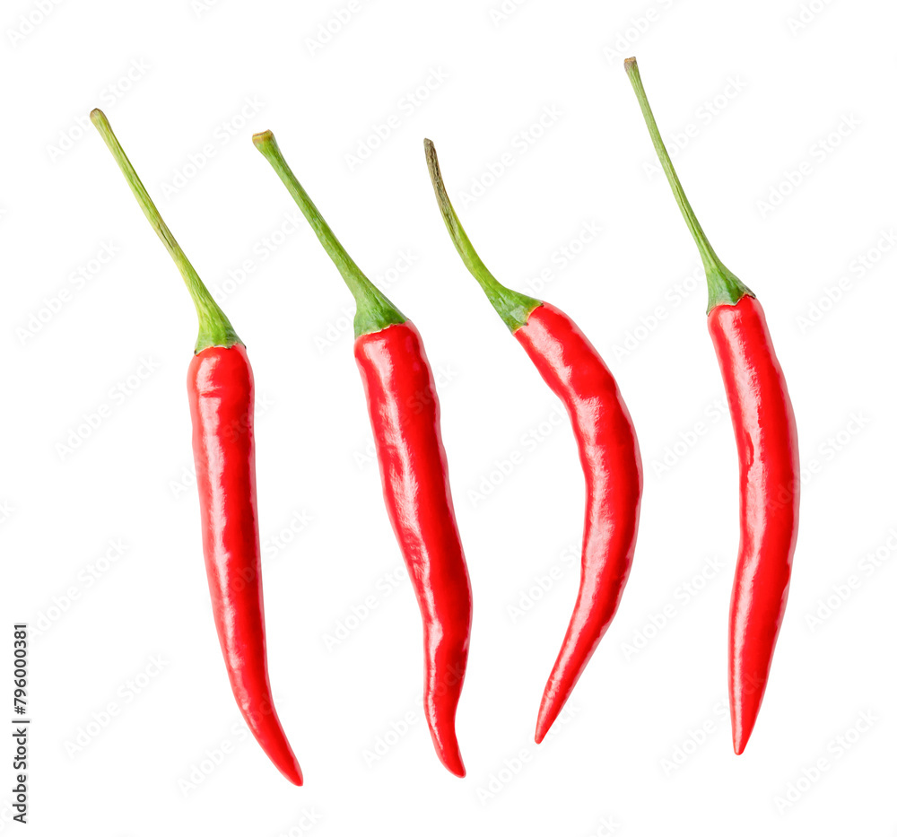 Top view set of red chili peppers or cayenne pepper isolated on white background with clipping path