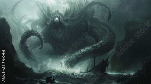 A mystical portrayal of a World Eater as a titanic, ethereal creature, its form casting shadows over a beautifully detailed, doomed fantasy landscape © Saranpong