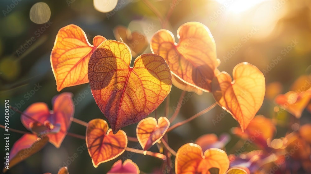 Close up of heart shaped leaves against a sunlit background Close up of heart shaped leaves against a sunlit background