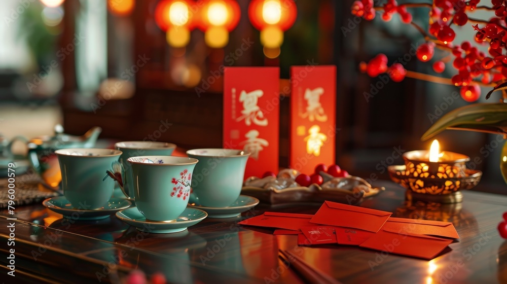 Elegant Chinese tea ceremony setup with fine porcelain teacups, red envelopes, and soft ambient lighting, rich in tradition Elegant Chinese tea ceremony setup with fine porcelain teacups, red envelopes, and soft ambient lighting, rich in tradition