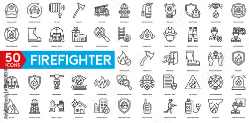 Firefighter icon. Fireman Helmet, Firefighter helmet, Fire Hose, Fire Truck, Fire Hydrant, Fire Extinguisher, Fire Alarm and helmet shield icon.