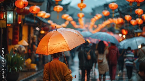 Elegant and somber Chinese funeral procession with paper lanterns, under soft rain, capturing the cultural essence and emotion