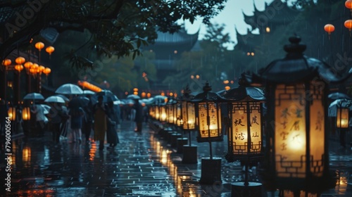 Elegant and somber Chinese funeral procession with paper lanterns, under soft rain, capturing the cultural essence and emotion photo