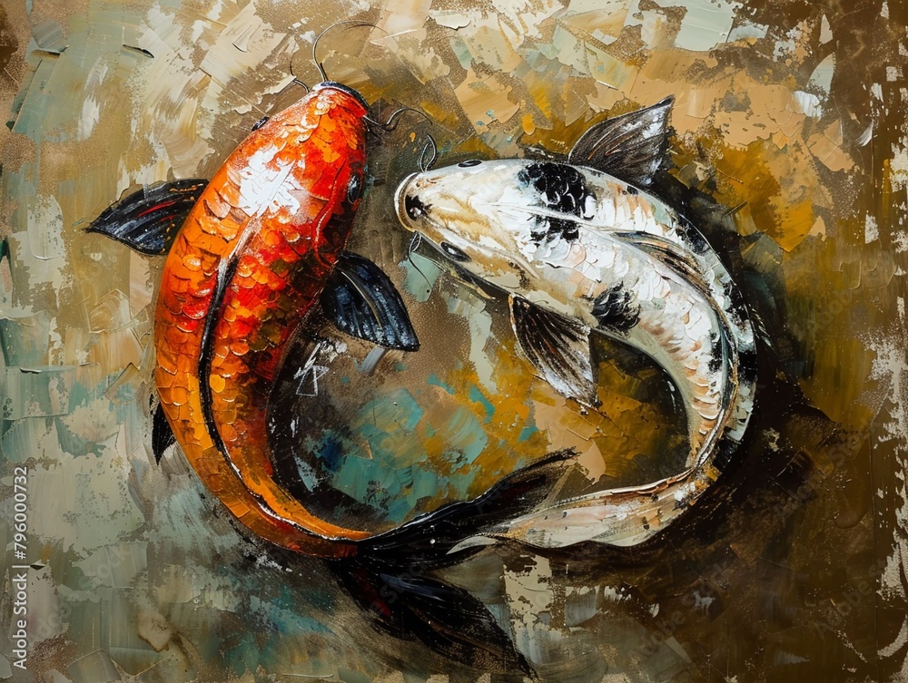 Oil painting of Koi fish styled as a yin yang, crafted with meticulous brushstrokes to reflect the balance of nature - obrazy, fototapety, plakaty 